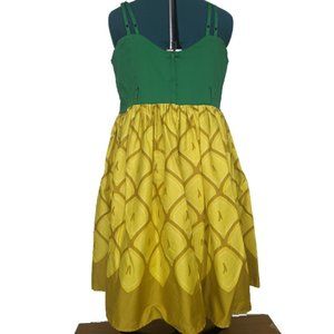 Vintage Pin up Style A Line Yellow (Pineapple) & Green Dress Zip Up Back